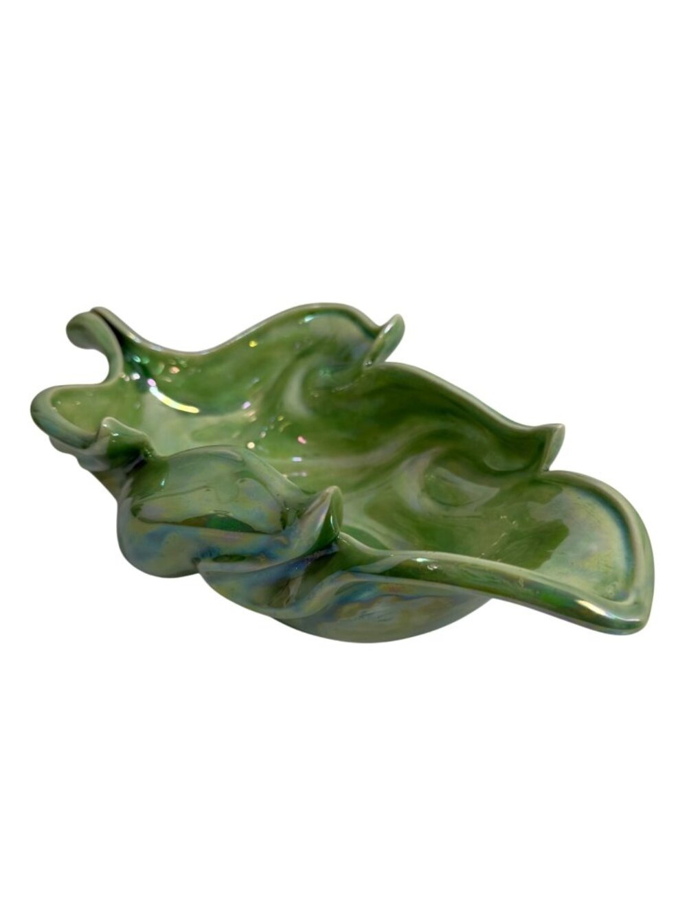 Vintage Artisan Iridescent Green Leaf Bowl
